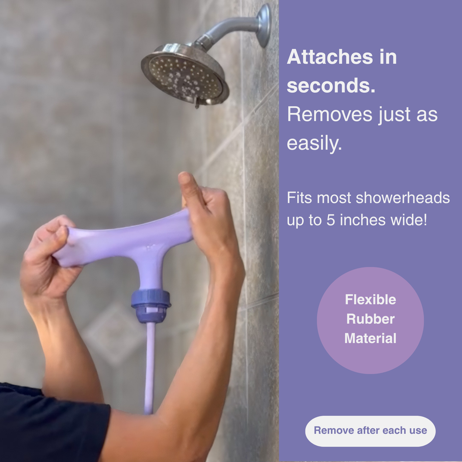 Person attaching Squwash to showerhead demonstrating flexible connector