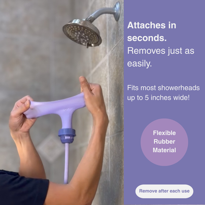 Person attaching Squwash to showerhead demonstrating flexible connector