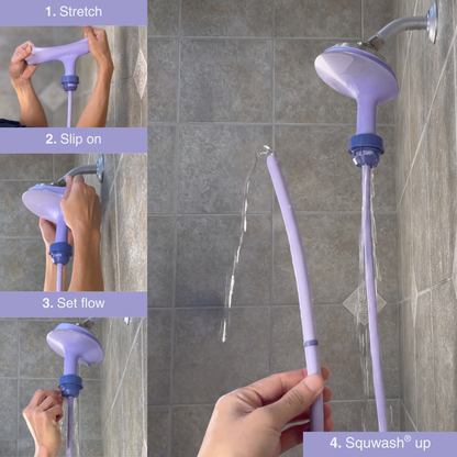 Step-by-step demonstration of using Squwash portable shower douche with hands shown stretching, slipping on, setting flow, and water flowing through tip.