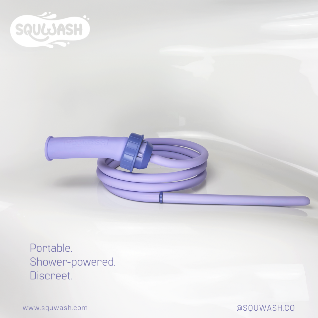 Premium portable shower douche with soft silicone hose on a white background, featuring the brand 'SQUWASH'.