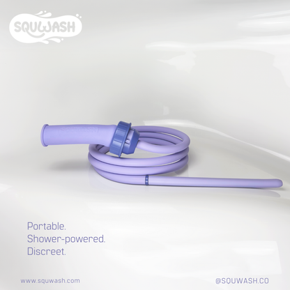 Premium portable shower douche with soft silicone hose on a white background, featuring the brand 'SQUWASH'.