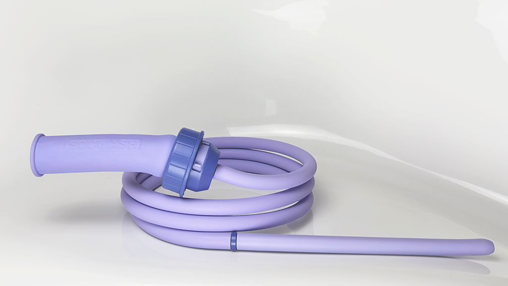 Purple 'Squwash' brand portable shower douche hose coiled on a white background.