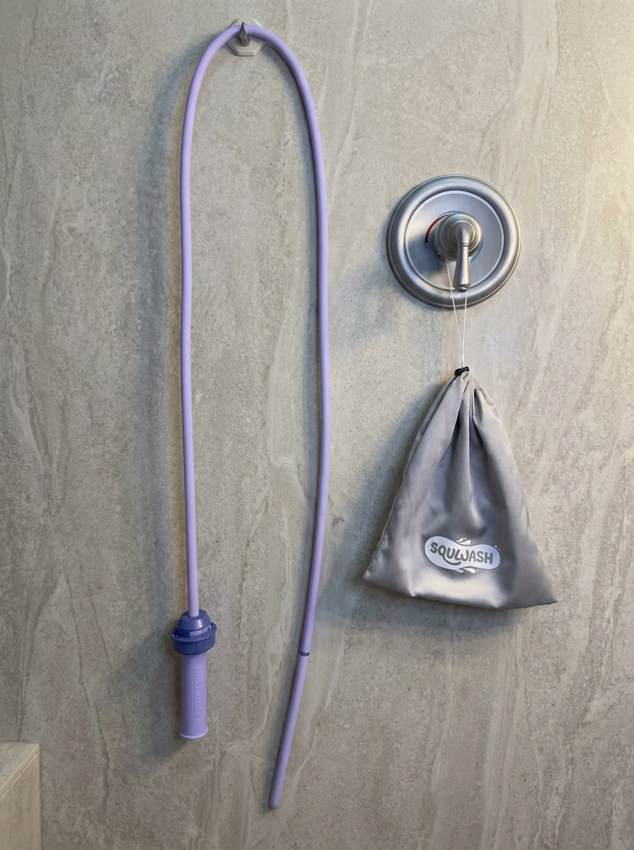 'Squwash' branded purple shower douche hose and silver drawstring travel-bag hanging in bathroom against a concrete wall.